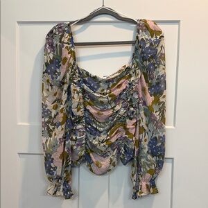 Astr Floral Ruched Blouse - Purple, Pink, Green